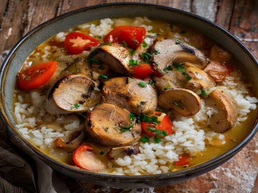 Kipstoofpot met rijst, champignons en tomaat