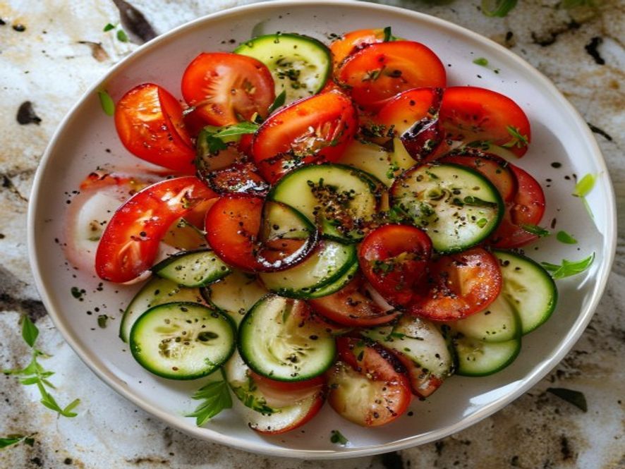 Tomaat-komkommersalade met honingvinaigrette