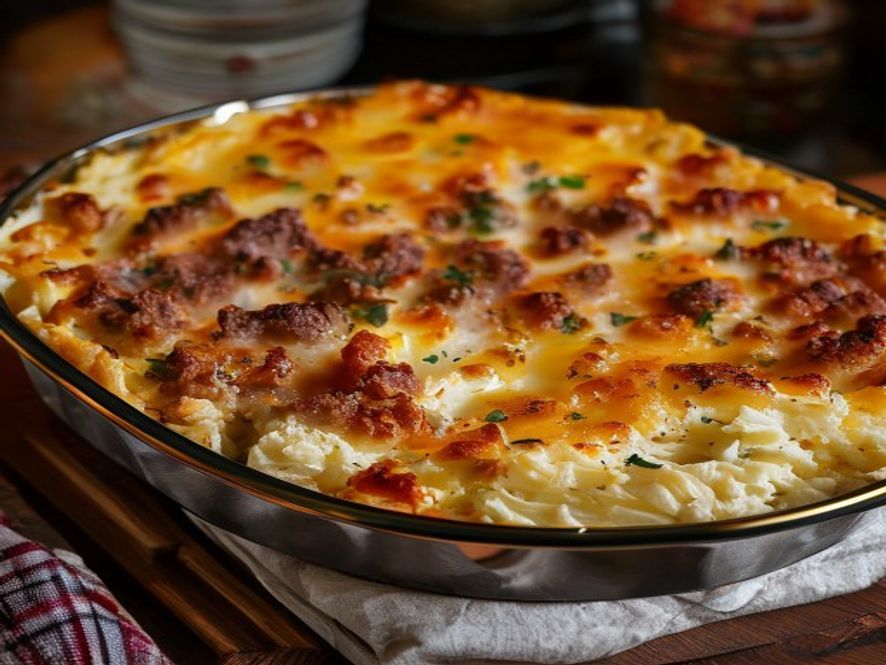 Cheesy corned beef met aardappelpuree en cheddar uit de oven