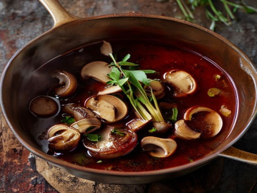 Rodewijnsaus met champignons bij lamskroontje