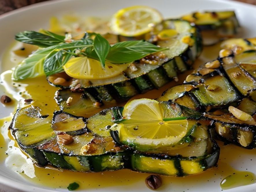 Gegrilde courgette met citroen en pijnboompitten