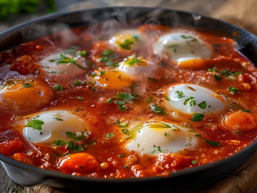 Shakshuka met eieren in pittige tomatensaus