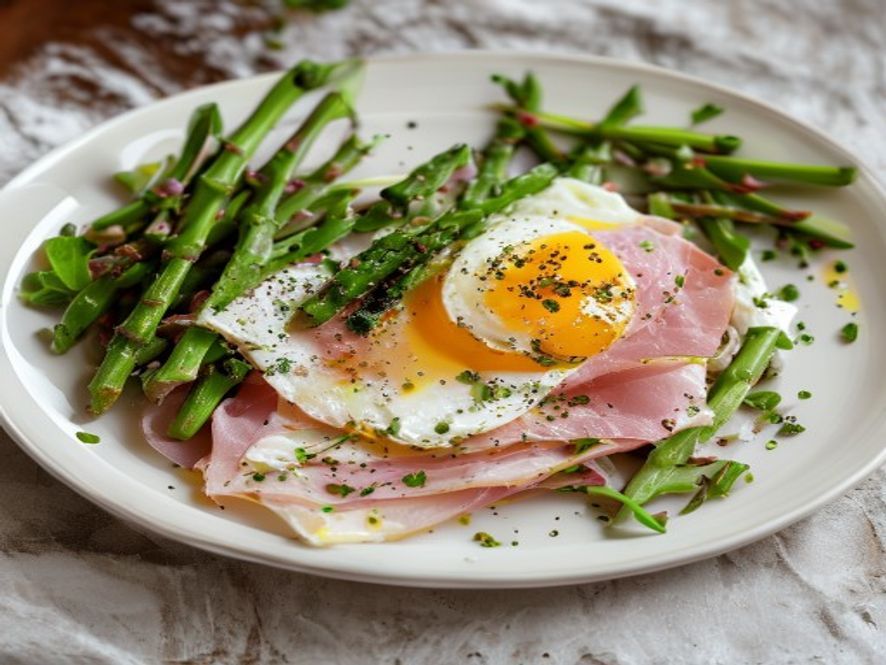 Groene aspergesalade met gepocheerd ei en Parmaham