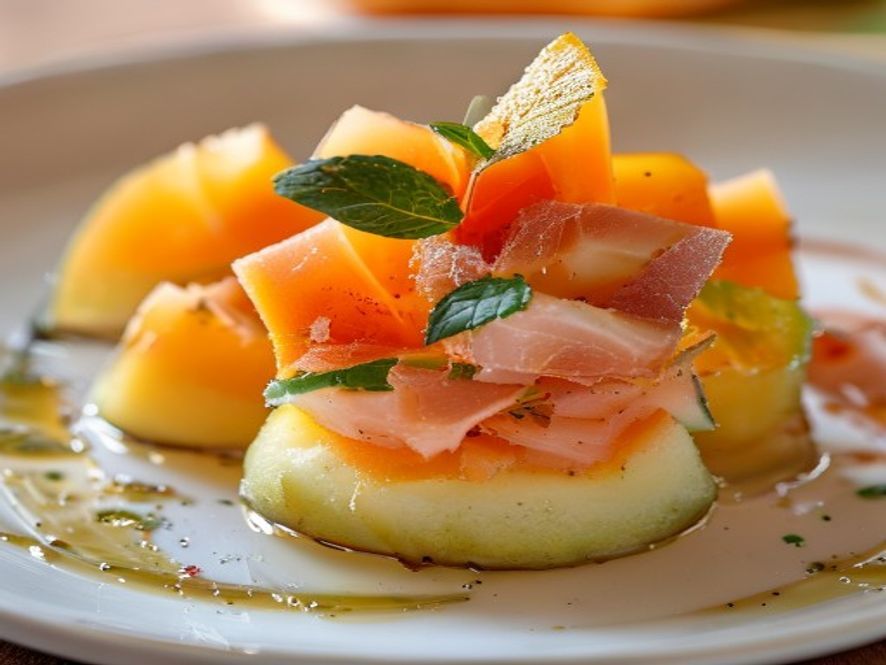 Cantaloupe meloentartaar met stracciatella en krokante parmaham