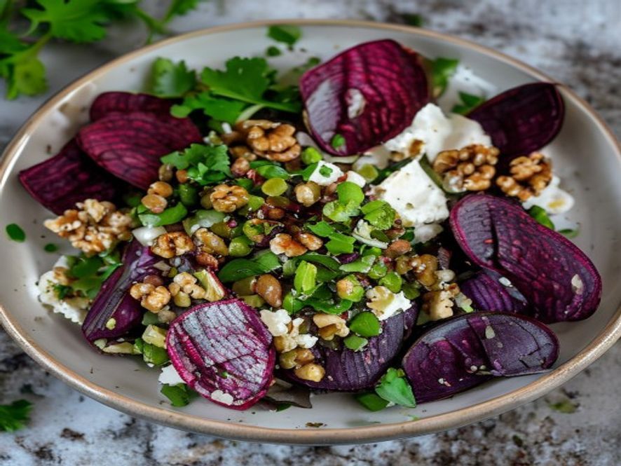 Linzensalade met geroosterde biet en geitenkaas
