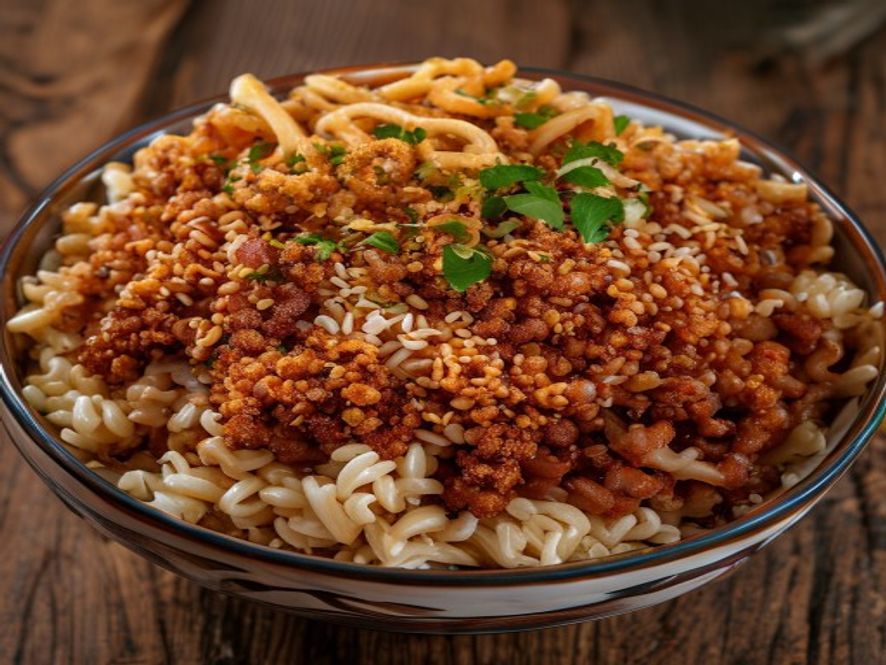 Koshari, Egyptische rijst met linzen, pasta en tomatensaus