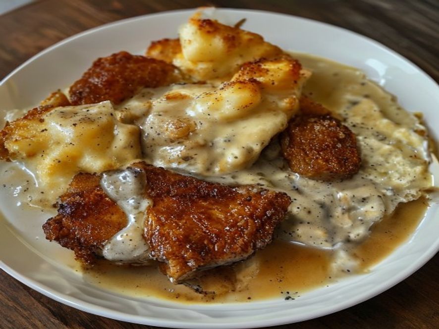 Chicken fried steak met romige peperjus